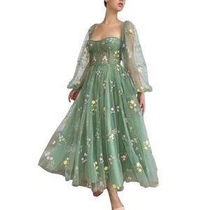 Puff Sleeve Cottage Fairy Floral Embroidered Corset Flowy Maxi Dress Size 12